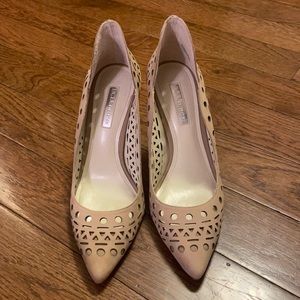 BCBG nude suede cut out pumps.